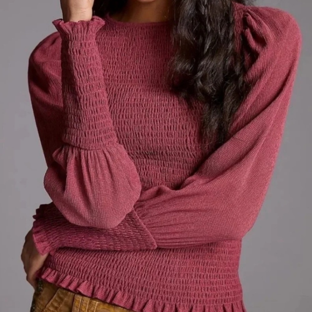 Anthropologie maroon wine smocked ruffle top S flaw